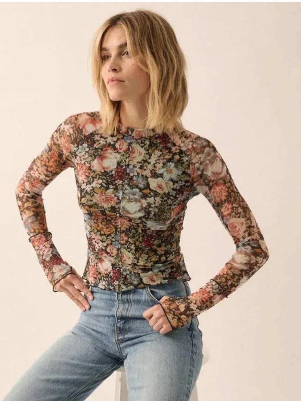 Floral Mesh Long-Sleeve Top - Multi Floral